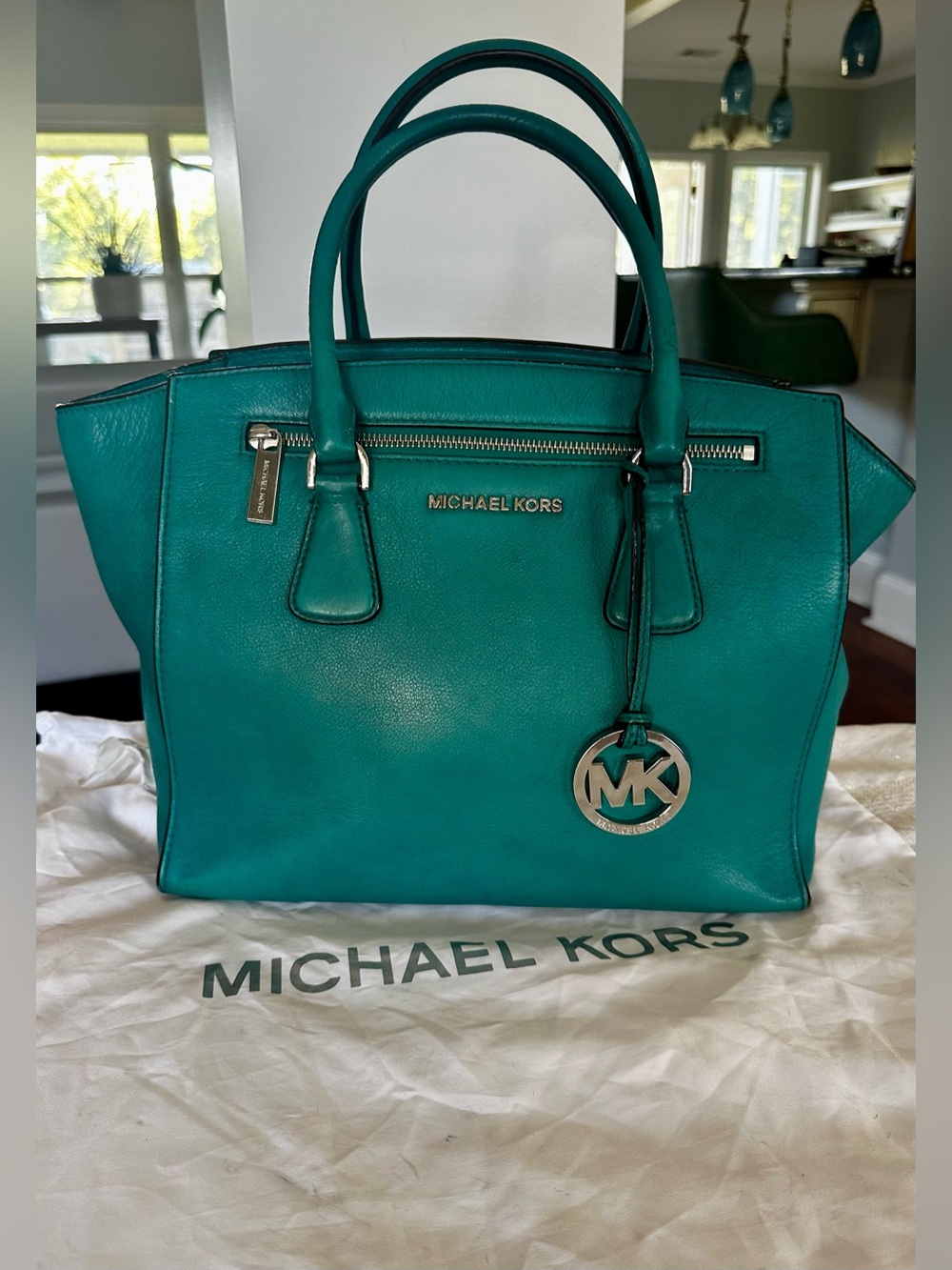 Michael Kors Large Teal Leather Double Pocket Tote MK Charm & Dust Bag
